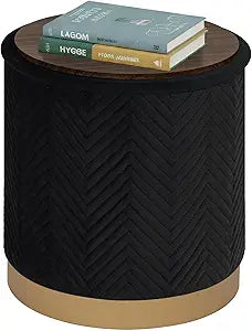PINPLUS Large Round Black Velvet Storage Ottoman, 16.7"x16.7"x17.7"  Heavy Duty Footstool with Gold Base, Hidden Storage Ottoman Coffee Table for Living Room, Bedroom, Apartment, 250 LBS Capacity