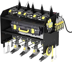 AZERPIAN Power Tool Organizer Wall Mount with Charging Station 3 Layer Heavy Duty Metal Tool Storage Rack with 4 Cordless Drill Holder Utility Rack with 8 Power Strip,Black