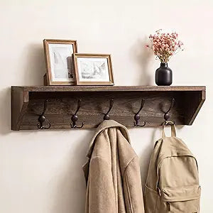 Geelin 29 Inch Wall Shelf with Hooks and Shelf Organizer Wall Mount Coat Rack with 5 Triple Hooks for Hanging for Entryway, Hallway, Bathroom, Living Room, Bedroom
