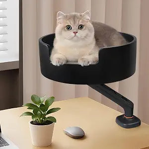 Cat Desk Bed,Solid Wood Cat Bed,360Rotating PerchMat Machine Washable,14.7" Round Pet Bed Space-Saving Design for Office/Home