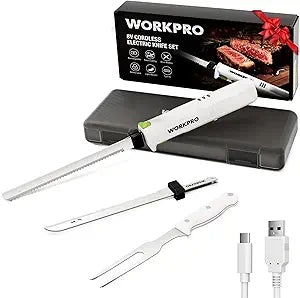 WORKPRO Electric Knife for Meat Slicing, Cordless Electric Carving Knife for Turkey, Fish & Bread, Two Stainless Steel Blades, Ergonomic Handle, Storage Case & Serving Fork Included, White