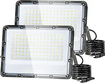 150W Flood Lights Outdoor, 22500lm Bright LED Work Light with Plug, 5000K Daylight White LED Flood Lighting, IP65 Waterproof Security Lights Floodlight for Yard Garage Stadium Playground 2 Pack