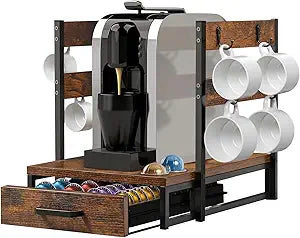 Evermagin Coffee Pod Holder, Vertuo Pod Holder Compatible with Nespresso, 28 Large or 56 Small Nespresso Capsule Organizer Drawer Station with Cup Rack, Rustic Brown