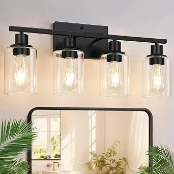 Indoi 4-Light Bathroom Light Fixtures, Matte Black Modern Vanity Lights with Clear Glass Shades, Bathroom Wall Lamp for Mirror Living Room Cabinet Bedroom Porch