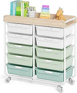 10-Drawer Rolling Cart, Art Cart with Wood Top & Side Handle, Multi-Purpose Craft Organizers and Storage with Lockable Wheels for Classroom, Dormitory, Craft Room and Art Supplies Organization(Green)