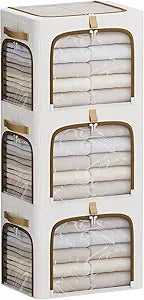 CYhom Clothes Storage Bins with Metal Frame,3 See-Through Windows Openings Clothing Storage Bin,3 Pack Foldable Storage Bins Boxes for Closet (White, 43L-16.5 x 12.6 x 12.6IN)