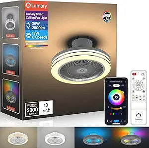 Lumary Smart WiFi & Bluetooth Ceiling Fan with RGBAI Light, Low Profile Ceiling Fan 18 Inch, 6 Speeds, Reversible - Compatible with Alexa, Google Assistant, Remote Control