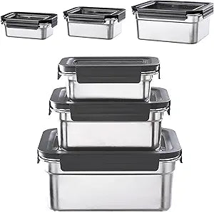3Pcs 304 Stainless Steel Food Storage Containers with Lids, Nestable & Stackable, Leak-Proof Silicone Seal, 2500ML+1100ML+450ML, Dishwasher Safe, Straight Edge Black, Reusable Lunch Boxes for Meal Pre
