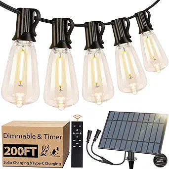 Bosceos Solar Outdoor String Lights Waterproof, 200FT Solar Powered String Lights for Outside with Shatterproof Bulbs, Dimmable ST38 LED Lights String, Patio Hanging Lights for Backyard Garden Party
