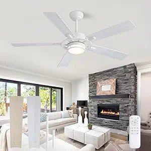 52 Inch Ceiling Fans with Lights, White Flush Mount Ceiling Fan with Light Remote Control, Farmhouse Low Profile Small with 6 Speed Reversible for Bedroom Living Room, 3CCT, Dimmable, Indoor