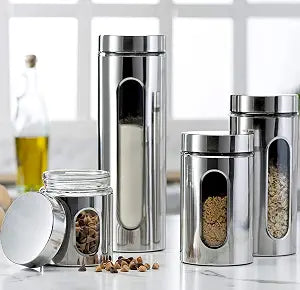 Quality 4pc Stainless Steel Canister Set for Kitchen Counter with Glass Window & Airtight Lids, Food Storage Containers, Pantry Storage & Organization Set for Coffee, Flour, Pasta, Rice, Spices, Herbs
