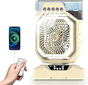 Weljoy Rechargeable Mist Fan with 5 Spray Nozzles, 27000mAh Power Bank Battery, LED Light, Aroma Diffuser, Remote & Oscillation Γ Stay Cool Anywhere Indoors or Outdoors (Biege)