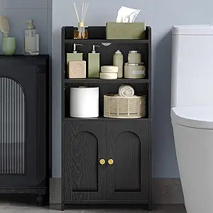 HEXCELEN Small Bathroom Storage Cabinet, Bathroom Organizers and Storage with 2 Doors and Shelves, Floor Cabinet Freestanding with Adjustable Shelf for Small Spaces, Black 7.9" D x 14.6" W x 29.6" H