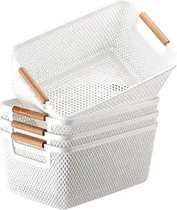 Tioncy 4 Pcs White Mesh Baskets with Wooden Handles Plastic Storage Organizer Baskets Pantry Basket Fruit Vegetables Gathering Basket Bin for Organizing Cabinet Closet Bedroom Kitchen(Medium)