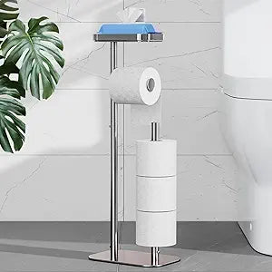 Kitsure Toilet Paper Holder Free Standing  Rustproof Metal Toilet Paper Stand for 4 Rolls with Anti-Slip Base and Shelf for Phone & Small Items, Bathroom Organizers and Storage, Medium, Chrome Silver
