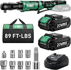 KIMO 20V Cordless Ratchet Wrench 1/2" Set, 74 Ft-lbs 400 RPM Electric Ratchet Wrench, Battery Powered Ratchet with 7 Sockets, 3" Extension Bar, 3/8" Adapter, 2-Pack Lithium-Ion Batteries, Fast Charger