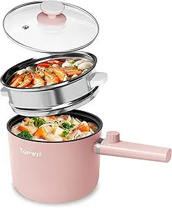 Topwit Hot Pot Electric with Steamer, 1.5L Ramen Cooker, Non-Stick Saut Pan, Portable Cooking Pot, Electric Cooker with Dual Power Control, BPA Free, Over-Heating & Boil Dry Protection, Pink