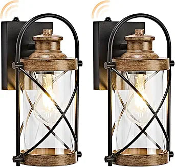 Dusk to Dawn Outdoor Wall Lights Fixtures, Waterproof Exterior Lighting Fixtures with Photocell Sensor,Vintage Faux Wood Grain Metal Cage Lantern Outside Lights for Porch Patio House Garage2 Pack