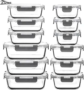 AILTEC 12 Pack Glass Food Storage Containers with Lids, Glass Meal Prep Containers Set with Leak Proof Lids, Airtight Lunch Container for Kitchen, Microwave, Oven, Freezer, Dishwasher Safe, Bpa free