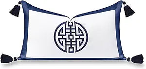 Hofdeco Premium Coastal Hampton Patio Indoor Outdoor Lumbar Pillow Cover Only, 12"x20" Water Repellent for Backyard, Couch, Poolside, Navy Blue Embroidered Double Happiness Symbol