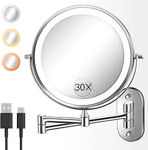 Wall Mounted Makeup Mirror with Light, 30X/1X 8'' Double Sided LED Magnifying Bathroom Lighted Vanity Mirror with Magnification, 3 Color Light up Touch Dimmable Extended Arm 360 Rotation