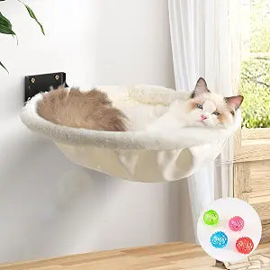 JUNSPOW Cat Hammock Wall Mounted, Foldable & Stable Cat Beds- Breathable Cats Wall Shelves for Sleeping, Playing, Climbing, and Lounging - Maximum Hold Up to 30lbCream,Faux Rabbit Fur