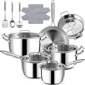 Stainless Steel Cookware Set - 20 PCS Pots and Pans Set with 3-Ply Stainless Steel Frying Pan, Professional Kitchen Cooking Set, Induction Compatible, Oven & Dishwasher Safe
