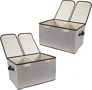 Foldable Fabric Storage Box with Double-Lid & Dividers, Large Organizer for Home, Closet, Office (Grey, 2 Packs)