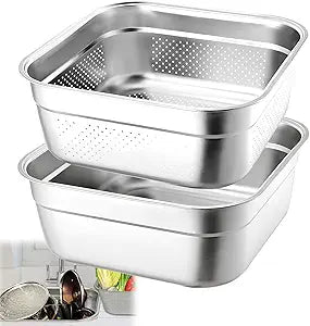 2-in-1 Stainless Steel Washing Up Bowl Set, 12.8" Sturdy Square Dish Tub with Colander, Fruit Vegetable Washing Basin for Sink, Food Grade Dishpan for Draining Rice, Pasta, Food Strainer Mixing Bowl