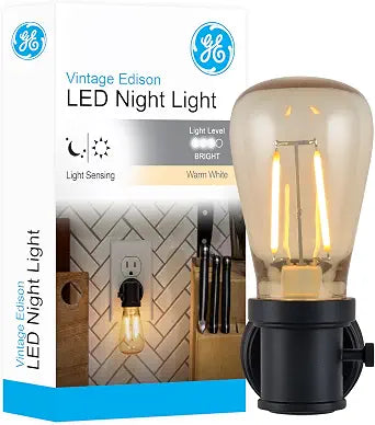 GE Edison Filament LED Night Light with Warm Accent Lighting, Dusk to Dawn Sensor for Automatic Light, High/Low/Off Switch for Custom Brightness, Plug in Lighting for Bedrooms, 1 Pack