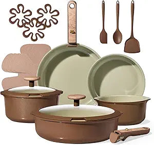 CAROTE Ceramic Cookware Set, Pots and Pans Set Non Stick with Detachable Handle, RV Kitchen Cooking Set, Induction & Oven Safe, PFAS and PFOA Free, Pistachio Green 19 Pcs