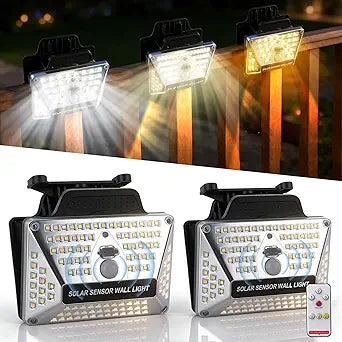 BORUIT Clip On Solar Lights Outdoor, 3 Color Temperature,111 LEDs Solar Powered Fence Light with Motion Sensor, USB C Rechargeable, Security Light with Remote for Outside Wall Gutter Garage (2 Pack)