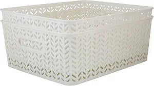 Simplify 2 Pack Medium Herringbone Storage Basket | Dimensions: 14"x11.5"x5.15" | Multipurpose | Home Organization | 2 Open Handles | White