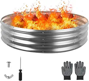 Raynesys 60 Inch Round Galvanized Fire Pit Ring, Silver Round Galvanized Fire Ring, 5 Feet Diameter Fire Pit, Outdoor Pits for Backyard, Camping, Bonfire