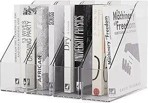 Magazine Holder, Clear Plastic Vertical File Magazine Organizer, Desktop File Magazine Book Storage Shelf for Office Desk (4PCS)