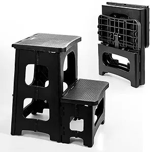2-Step Stool Foldable, Plastic Steps Stool Folding Step Ladder Two Step Stools Collapsible Step Stools for Adults for Kitchen Home Bathroom RV-Black