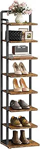 CHOEZON 8-Tier Vertical Shoe Rack, Narrow Shoe Tower, Corner Shoe Storage Organizer, Shoe Shelf, for Small Spaces, Industrial Style, for Entryway, Hallway, Living Room, Rustic Brown and Black TXJ08BF