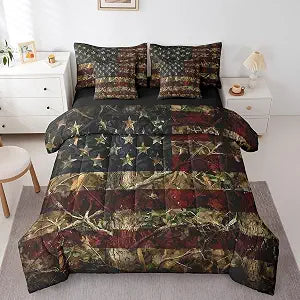 Erosebridal American Flag Bed in A Bag Rustic Woodland Camo Bedding Set Tree Camouflage Hunting Queen Comforter Set with Sheets 7 Piece for Boys Teen Men,Farmhouse Cabin Lodge Bed Set