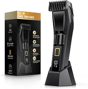 Men's Beard Trimmer-All-in-One Mustache Trimmer for Men with 20 Length Adjustable, Stainless Steel T-Blade for Precision Facial Hair Trimming Cordless IPX7 Waterproof Wet/Dry Clipper,LED Display
