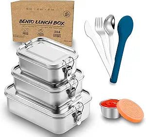 5 in 1 | Stainless Steel Bento Box & Cutlery Set & Snack Container  19/41/81oz (550/1200/2400ml)  Nesting Metal Lunch Box for Office, Work, Travel  BPA Free Food Storage Lunchbox Tiffin for Adults