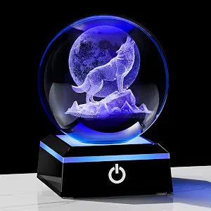 Qianwei Wolf Gifts for Women 3D Crystal Ball Figurines Statue Night Light