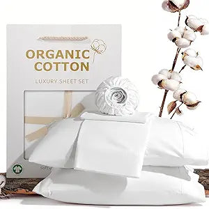 SONORO KATE 100% Organic Cotton Sheets Set - 1000 High Thread Count, GOTS Certified Long Staple Cotton Bed Sheets, Soft, Breathable 5-Star Hotel Sheets, 16" Deep Pockets - 4 PC (White,Queen)