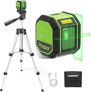 Laser Level with 25.6in Tripod, Fathers Day Dad Gifts, Huepar 100Ft Self Leveling Laser Level Rechargeable Green Cross Line Laser Leveler Tool for Picture Hanging, Tile, Home Renovation, Carry Bag