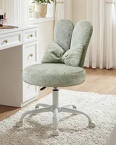 Karl home Velvet Vanity Chair with Bunny Ear Backrest, Adjustable Height Makeup Chair with Bow Pillow, Cute Small Office Desk Chair with Wheels for Bedroom, Girls Women, Creamy Green