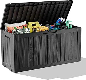 ROJIK Outdoor Storage Box with Wheels  85 Gallon Mobile Waterproof Resin Deck Box, Lockable Storage for Patio Cushions, Garden Tools, Pool Accessories  UV-Resistant Storage Bench for Backyard & Deck