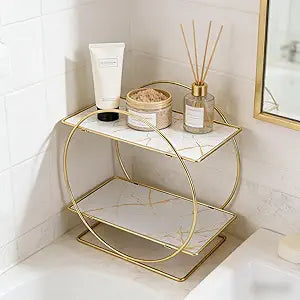 2 Tier Bathroom Countertop Organizer, Iron Multi Purpose Counter Storage Shelf Makeup Perfume Shelf Organizer for Dresser Vanity Tray Bathroom Accessories Decor Cosmetic Display (White)
