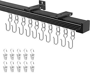 Ceiling Curtain Track 1215 ft Black - Heavy Duty Ceiling/Wall Mount Curtain Rail/Rod System, 50 Quiet-Glide Rollers, 50 Hooks, 50 Clips, Room Divider for Living Room, Bathroom or Hospital