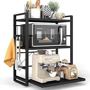 3-Tier Microwave Rack - Height Adjustable & Extendable Kitchen Shelf with Drawer - Carbon Steel - Includes Hooks & Reinforcement Suction Cups, Baker's Rack (Black)