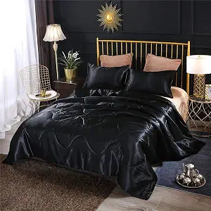 NTBED Silky Satin Comforter Set Queen Black, Soft Lightweight Microfiber Luxury Sexy Quilted Bedding Sets with 2 Matching Pillow Covers for Summer Spring Autumn