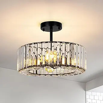 FRIDEKO HOME Semi Flush Mount Ceiling Light - Small Crystal Chandelier Hallway Black Metal Cage Modern Light Fixture for Entryway Bedroom Porch Kitchen (9-Black-4 Light-1pcs-14.56 inch)